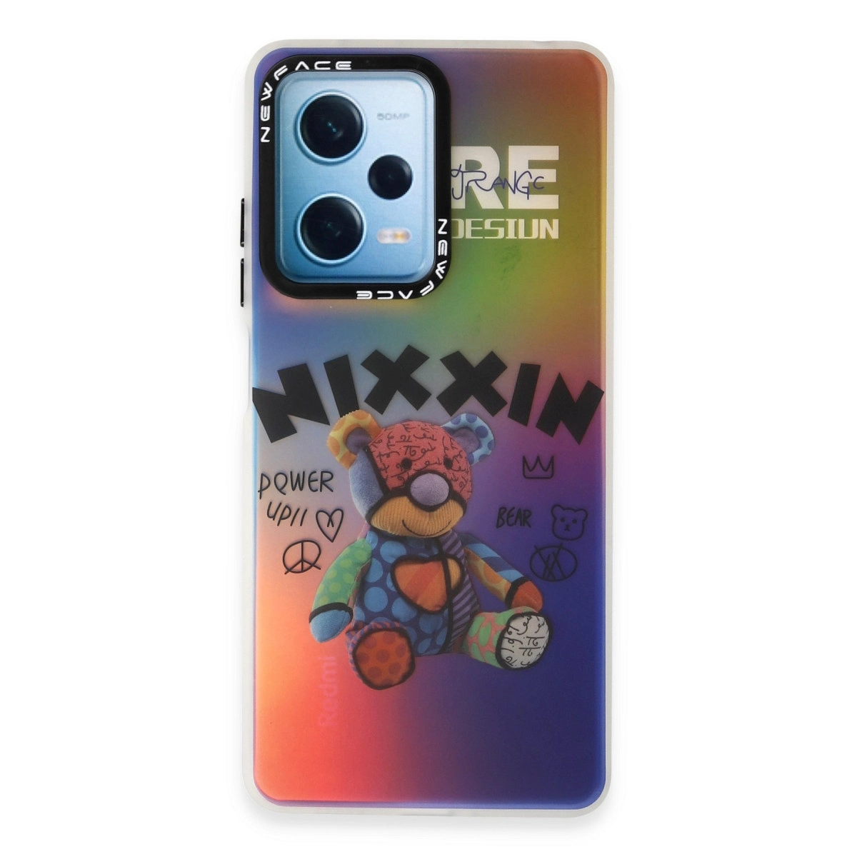 Ayıcık baskılı, "NIXXIN" yazılı ve renk geçişli telefon kılıfı.