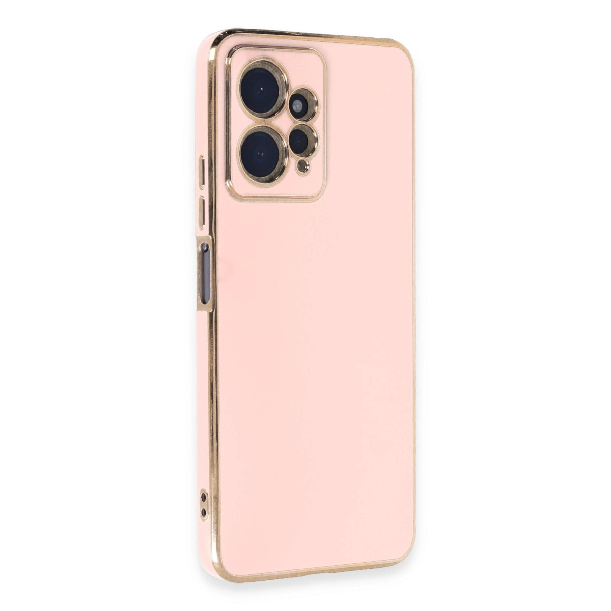 Altın çerçeveli ve kamera kesimli pembe telefon kılıfı.