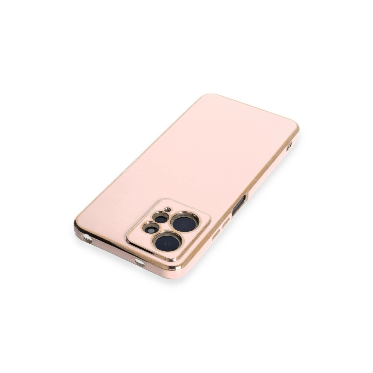 Altın kenarlıklı ve kamera modülü oyuntulu pembe telefon kılıfı.