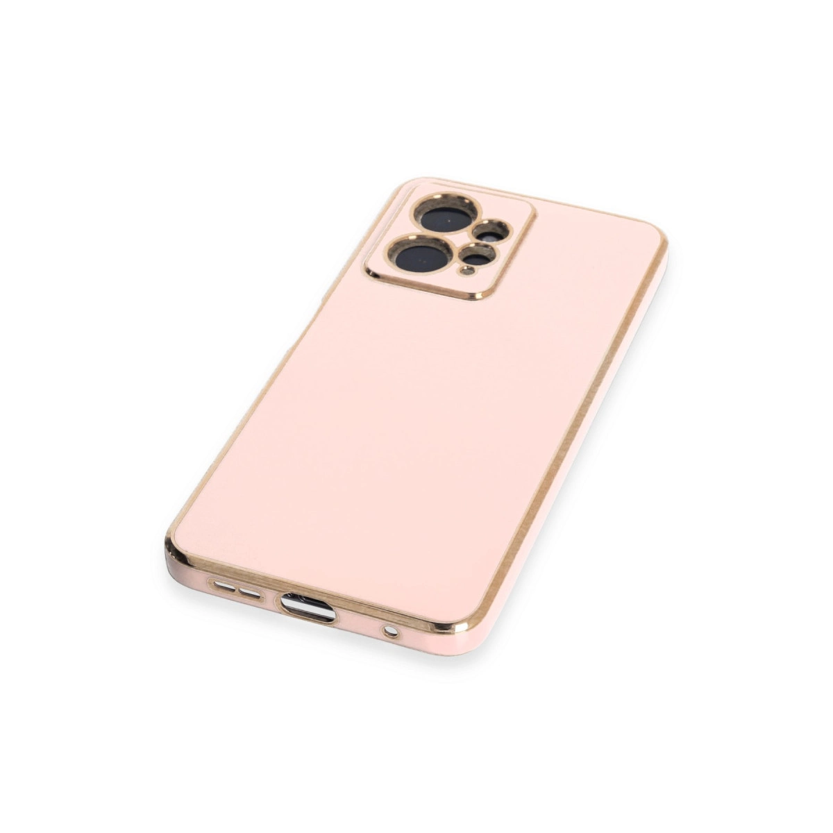 Altın çerçeveli ve kamera modüllü pembe telefon kılıfı.