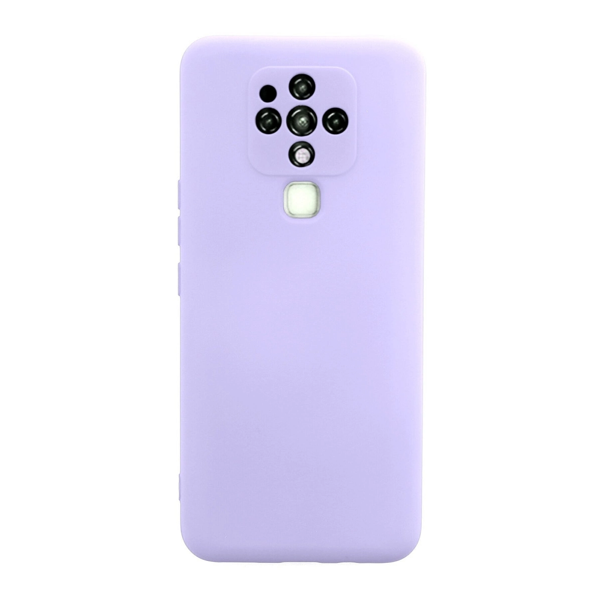 Kare kamera modülüne ve parmak izi sensörüne sahip açık mor telefon kılıfı.
