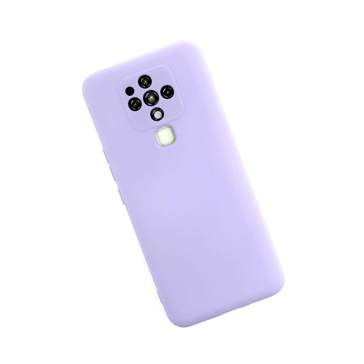 Arkada kare kamera lensi ve flaş gösteren lavanta rengi telefon kılıfı.