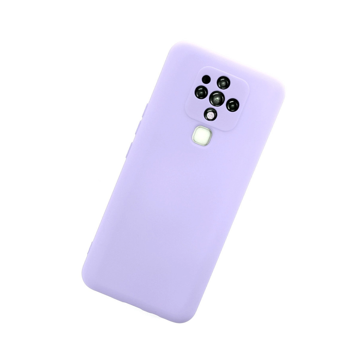 Beyaz arka plan üzerinde dört kamera ve flaşlı lavanta rengi telefon kılıfı.