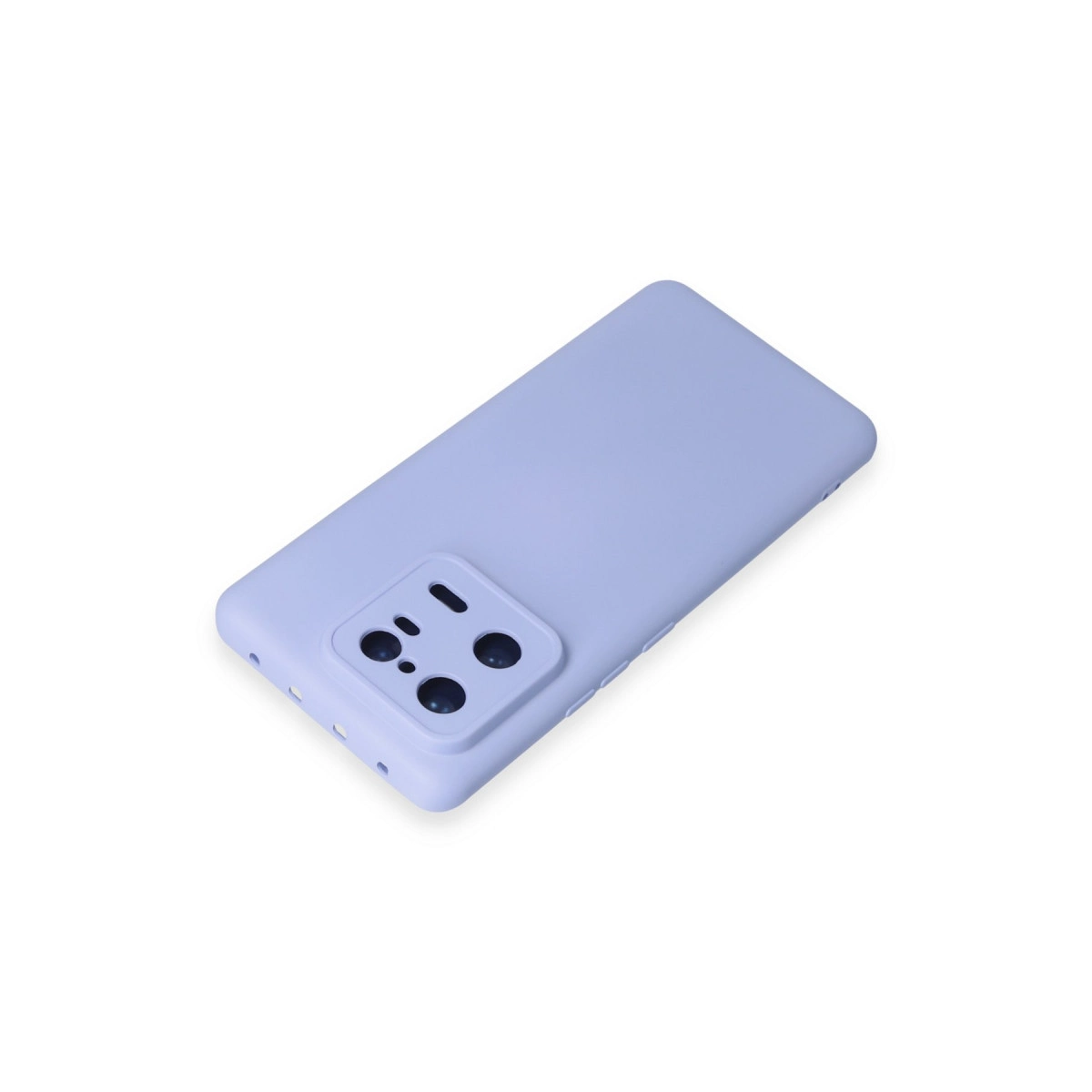 Lavanta rengi telefon kılıfı, beyaz zeminde kamera kesiğiyle.