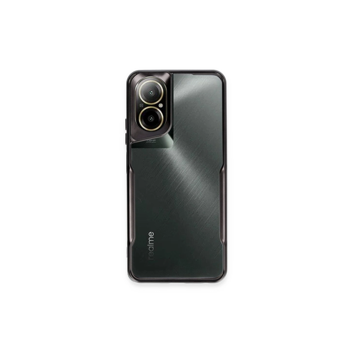 Arkada çift kamera ve Realme logosu bulunan koyu gri cep telefonu.