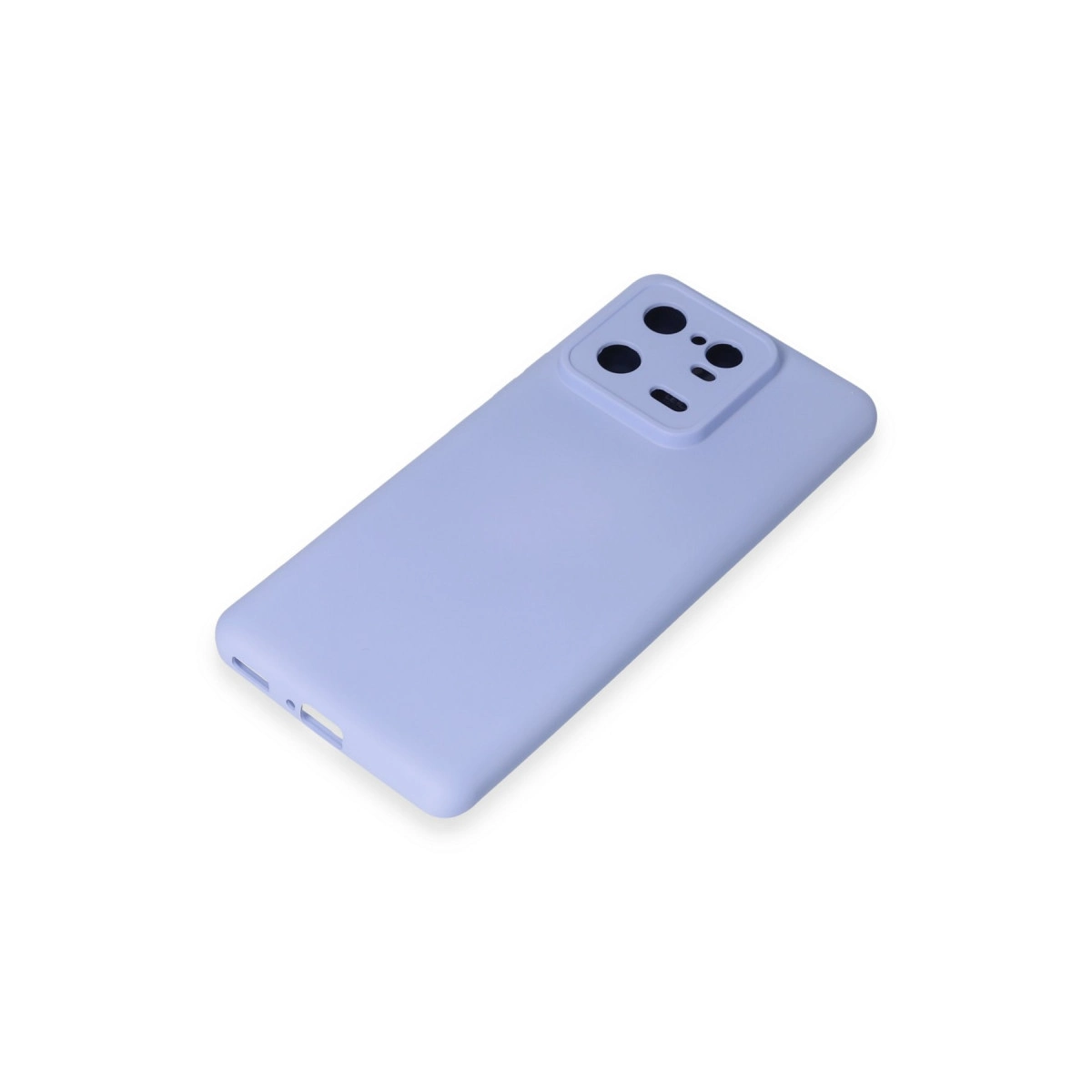 Beyaz zeminde kamera modülüne sahip lavanta rengi telefon kılıfı.