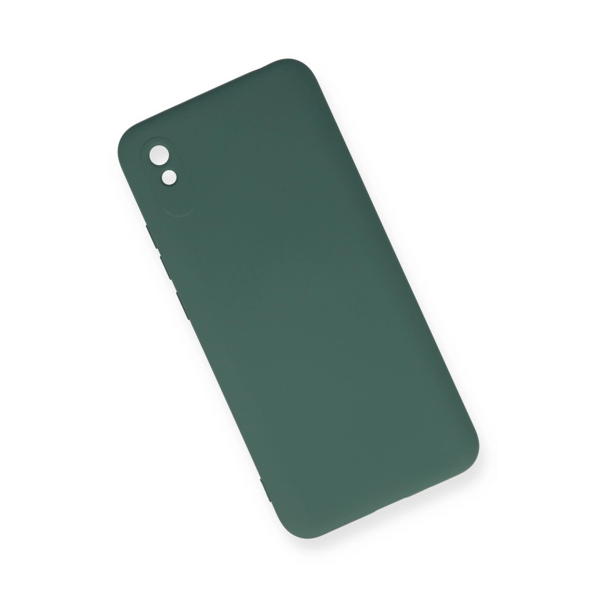 İki kamera delikli koyu yeşil telefon kılıfı, beyaz zeminde.