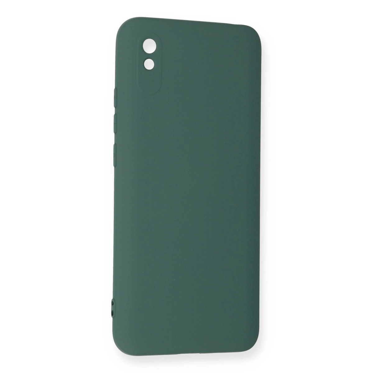 Yan düğmeli ve iki kamera delikli koyu yeşil telefon kılıfı.