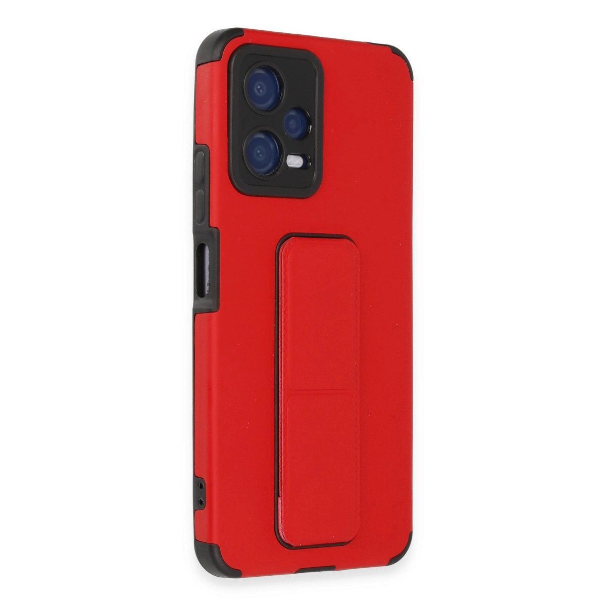 Entegre stantlı, siyah süslemeli kırmızı telefon kılıfı.