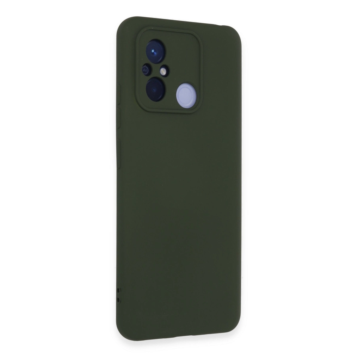 Kamera modülü ve flaşlı koyu yeşil telefon kılıfı.