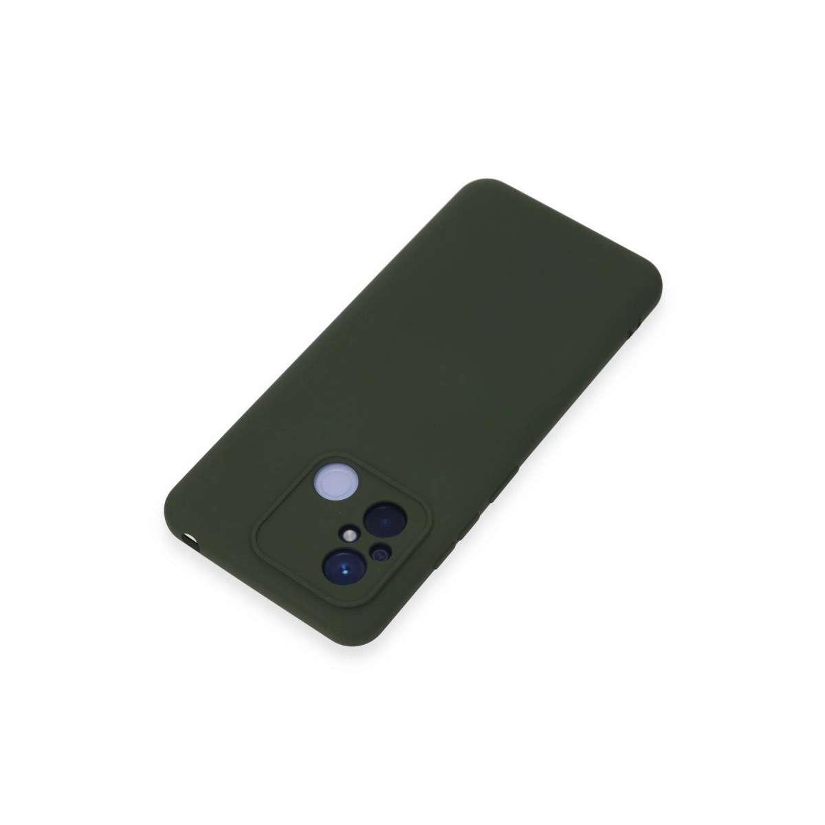 Beyaz arka plan üzerinde kamera kesimli koyu yeşil telefon kılıfı.