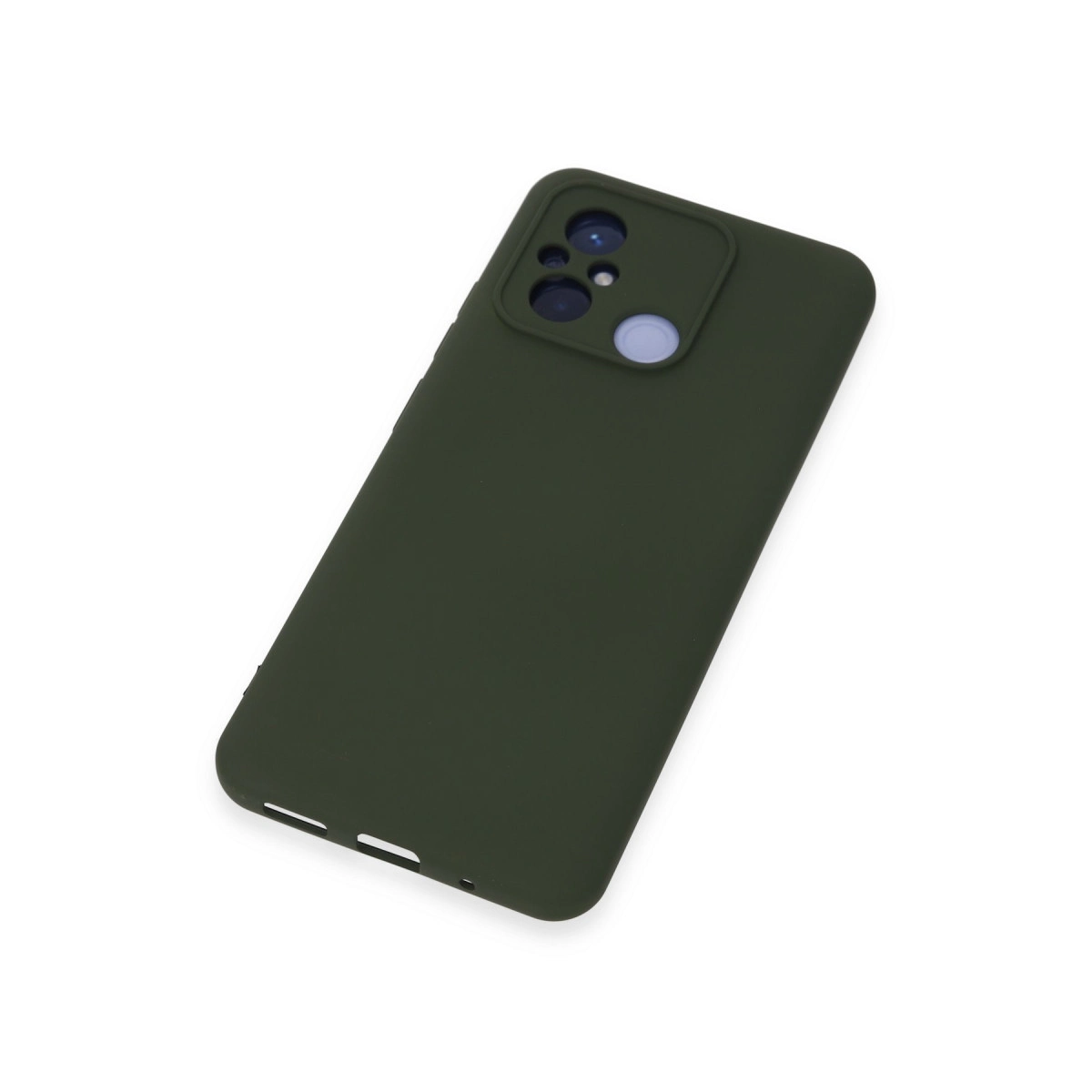 Kamera modülü ve kesikleri olan koyu yeşil telefon kılıfı, beyaz arka plan.