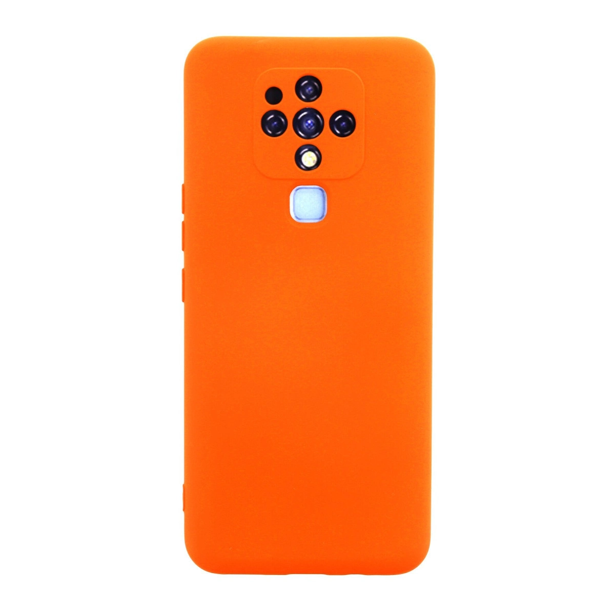 Dört kameralı ve flaşlı turuncu telefon kılıfı.