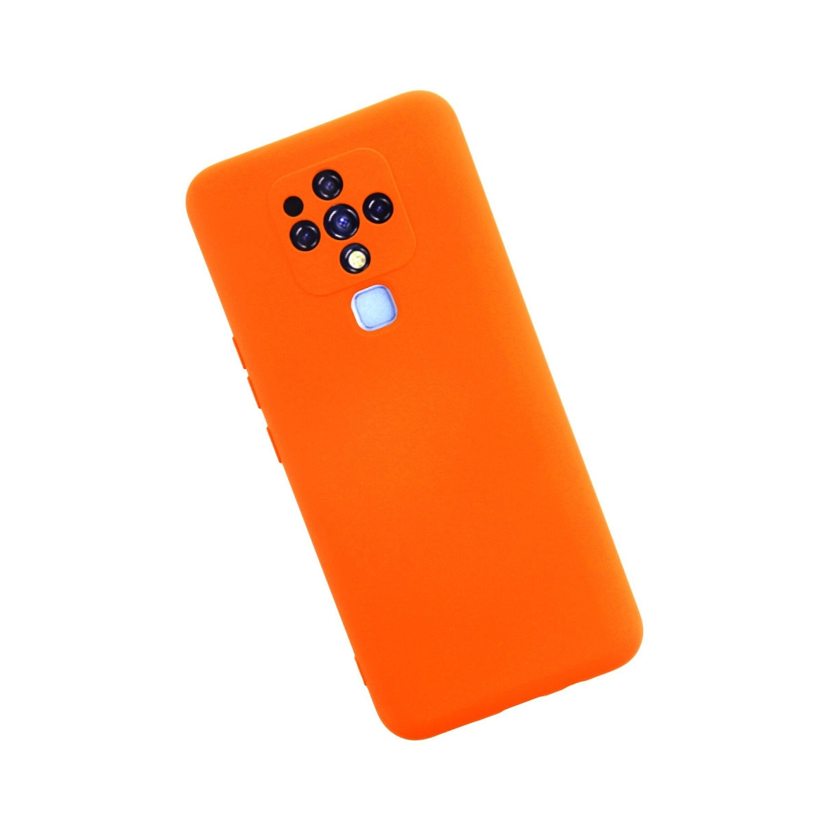 Beyaz arka plan üzerinde dört kamera ve flaşlı turuncu telefon kılıfı.