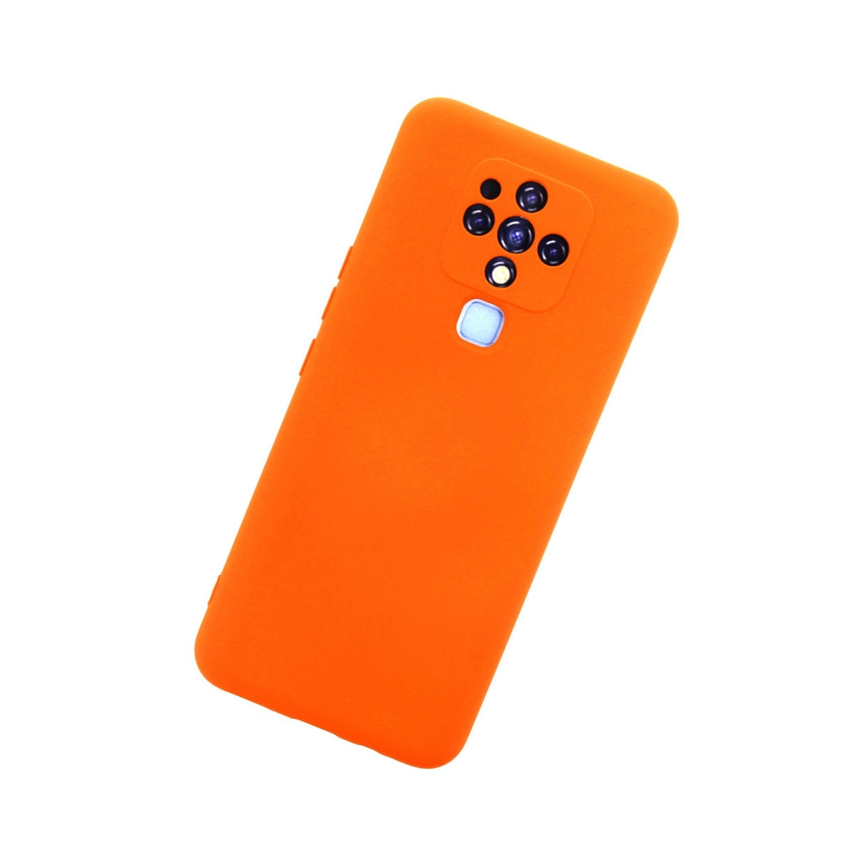 Arkada kamera ünitesi bulunan turuncu bir telefon kılıfı.