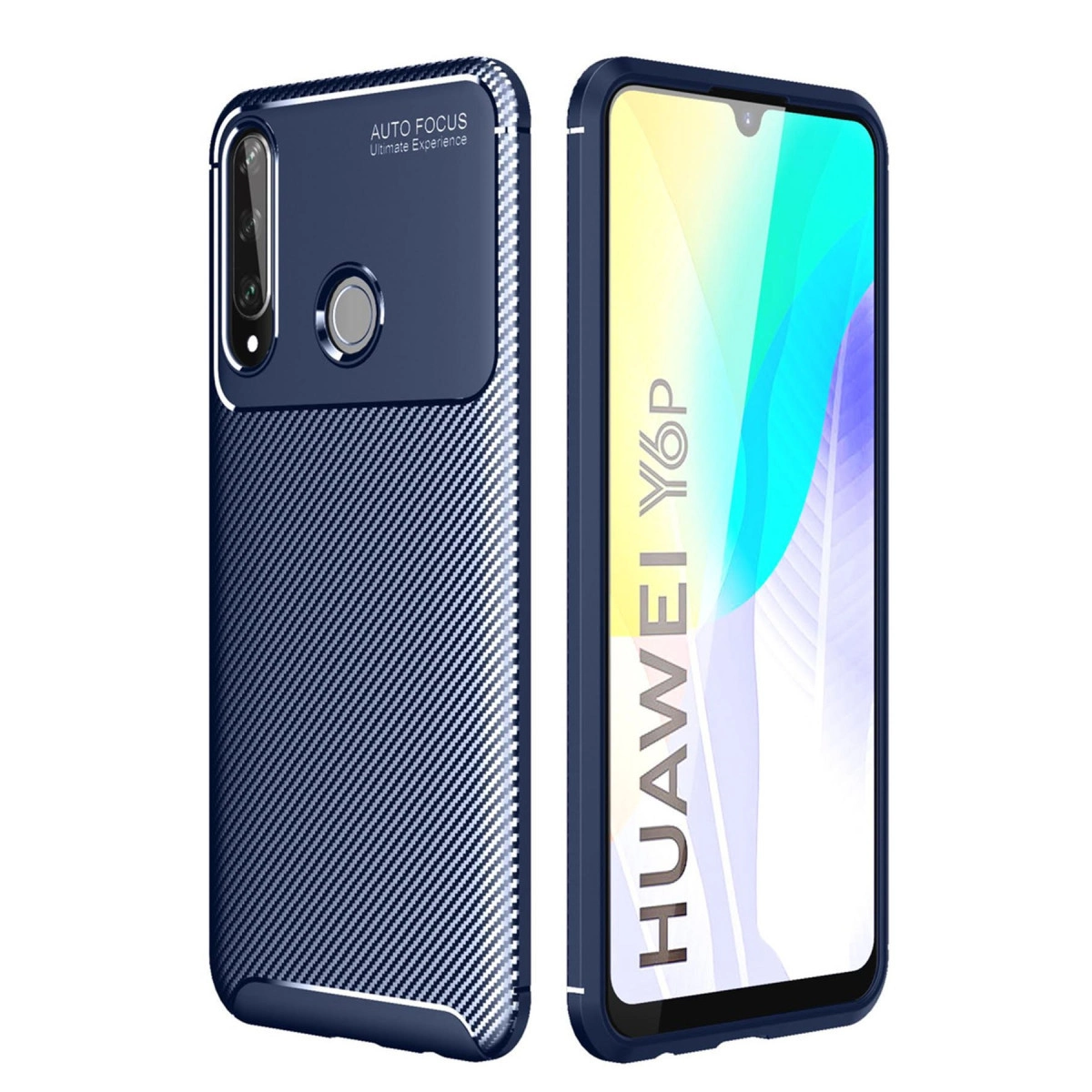 Karbon fiber desenli kılıflı lacivert telefon ve Huawei Y6P yazısı.