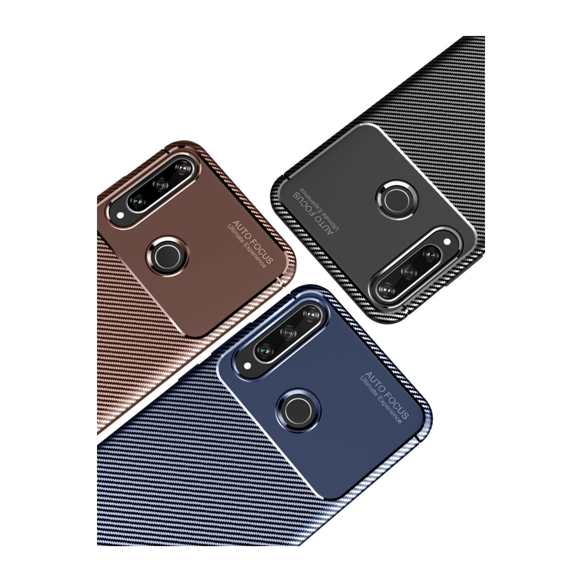 Karbon fiber desenli kahverengi, siyah ve mavi üç telefon kılıfı.