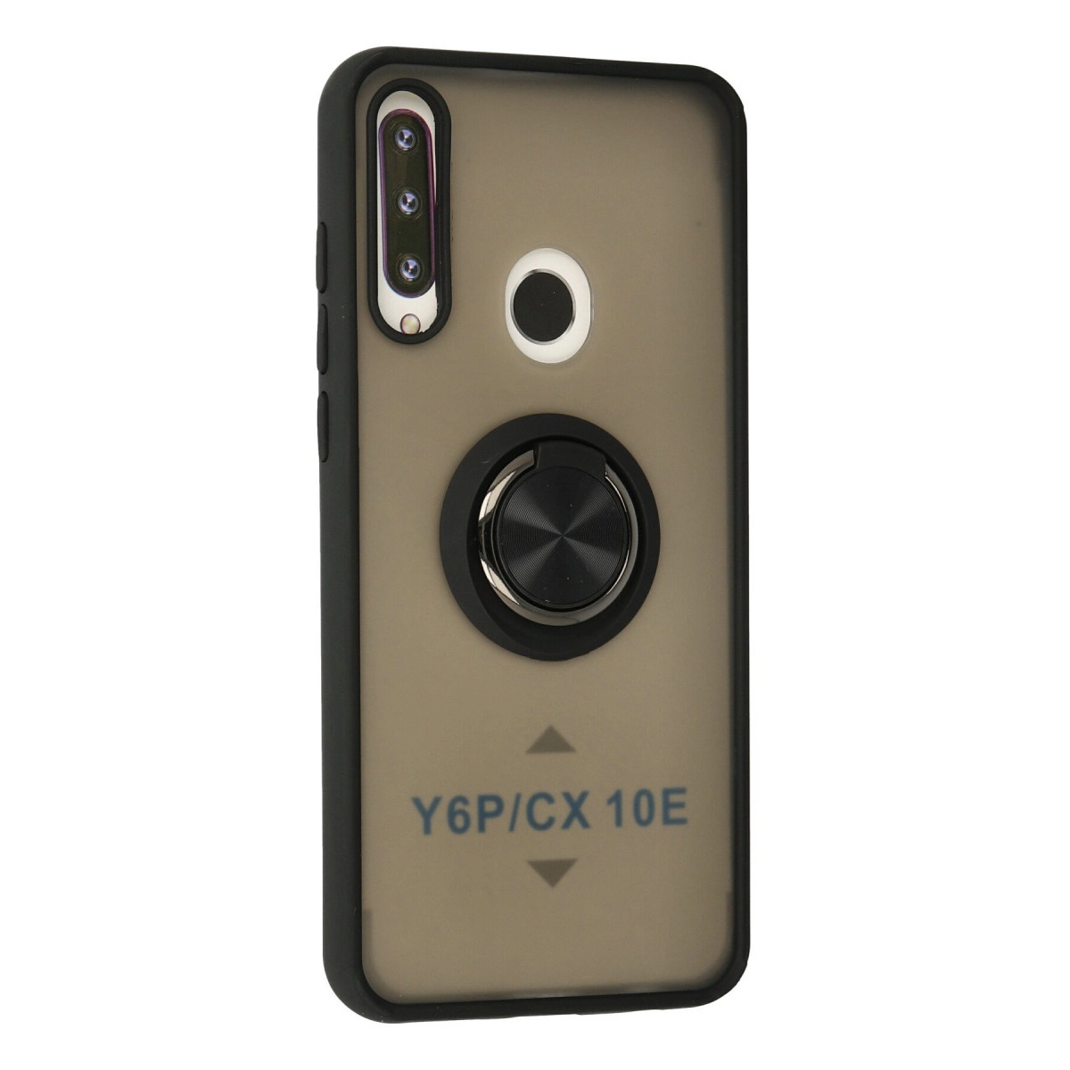 Üçlü kamera, halka tutucu ve Y6P/CX 10E baskılı siyah telefon kılıfı.