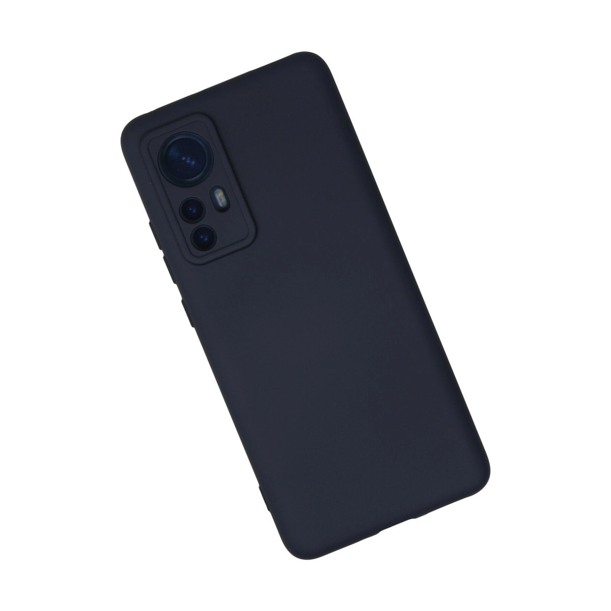 Arkada kamera lensleri bulunan koyu mavi telefon kılıfı, beyaz arka plan üzerinde.