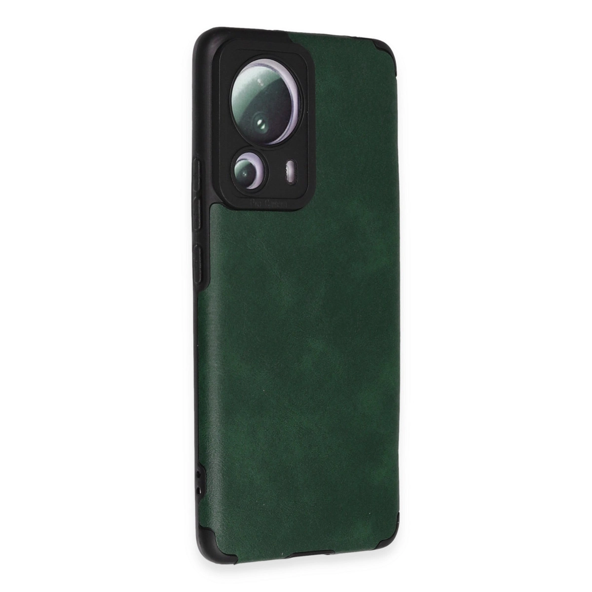 Siyah kamera çerçeveli koyu yeşil telefon kılıfı, beyaz zeminde.
