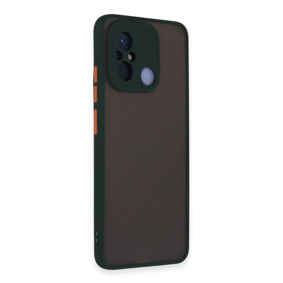 Koyu yeşil kamera çerçeveli, turuncu düğmeli, koyu gri telefon kılıfı.