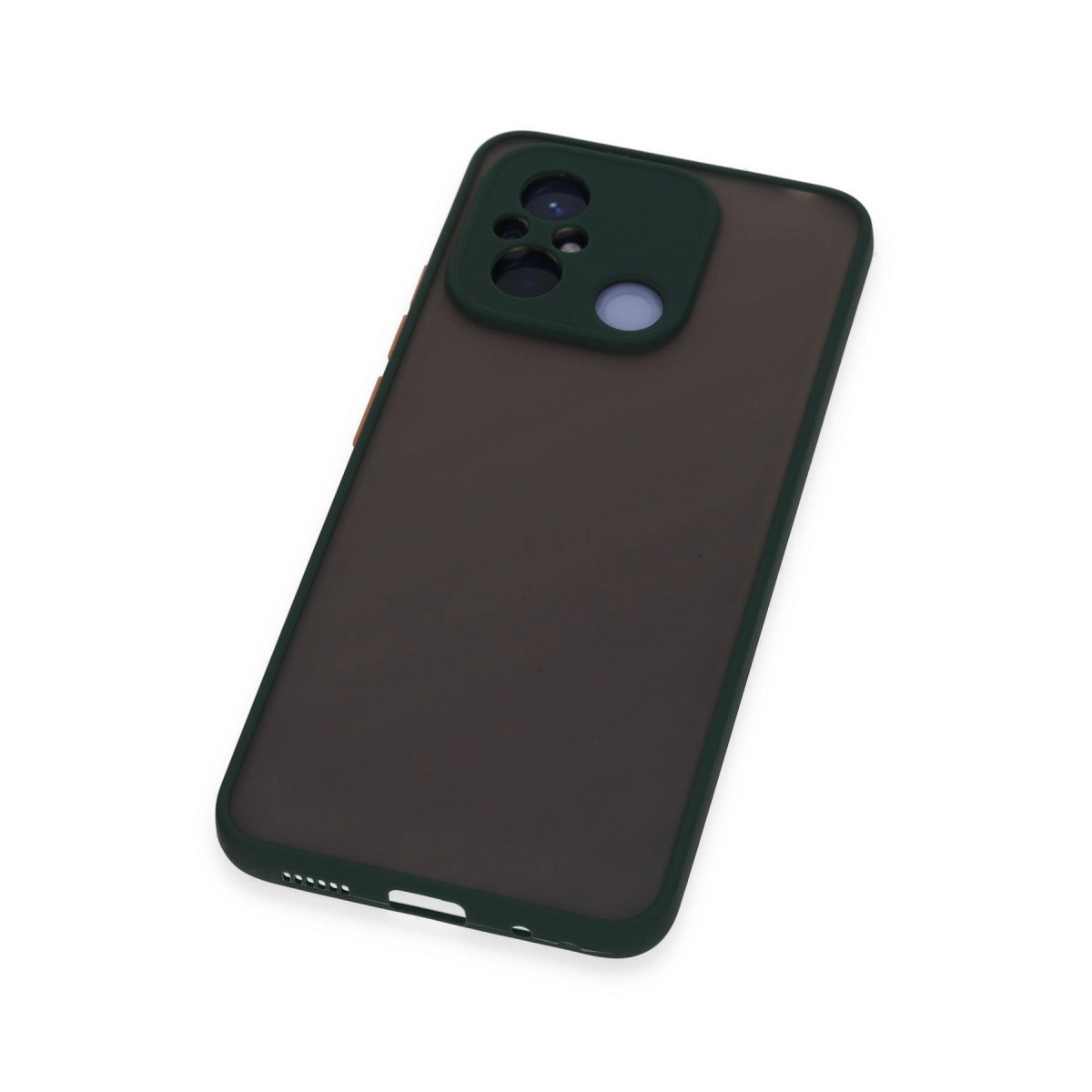 Koyu yeşil kamera yuvası ve üç lense sahip koyu gri telefon kılıfı.