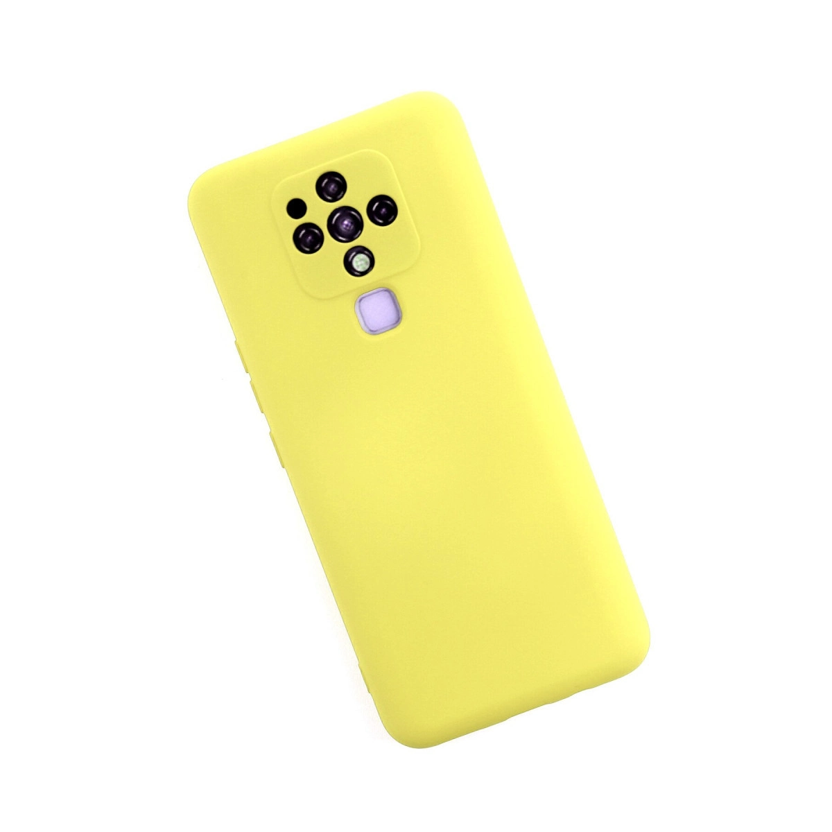 Dört lensli kare kamera modülüne sahip sarı telefon kılıfı.