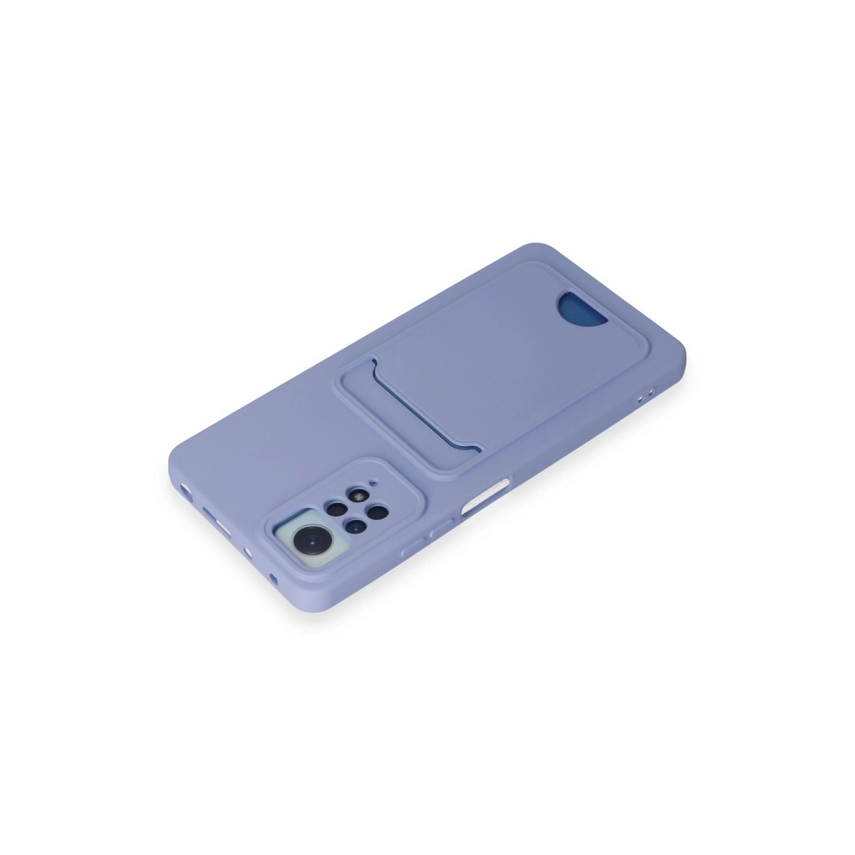 Kart yuvalı ve kamera kesimli mor telefon kılıfı, beyaz arka plan üzerinde.
