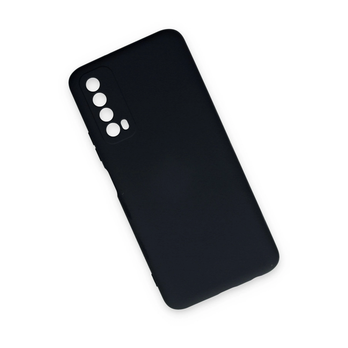 Beyaz arka plan üzerinde kamera lensi kesikleri olan siyah telefon kılıfı.