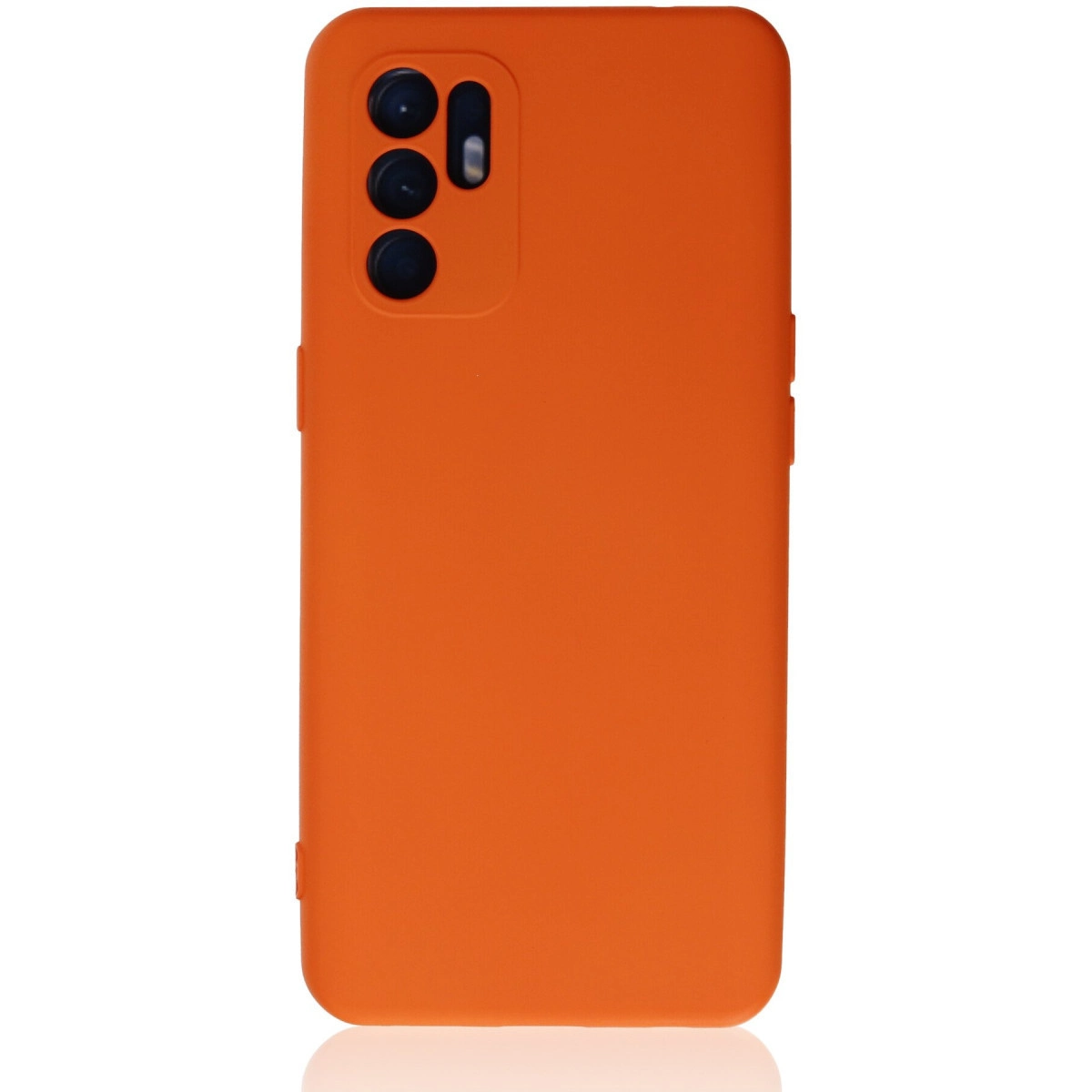 Arkada üç kamera lensi bulunan turuncu telefon kılıfı.