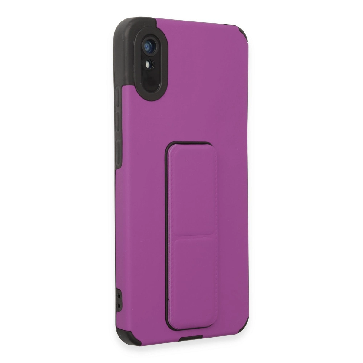 Siyah çerçeveli, entegre stantlı mor telefon kılıfı.