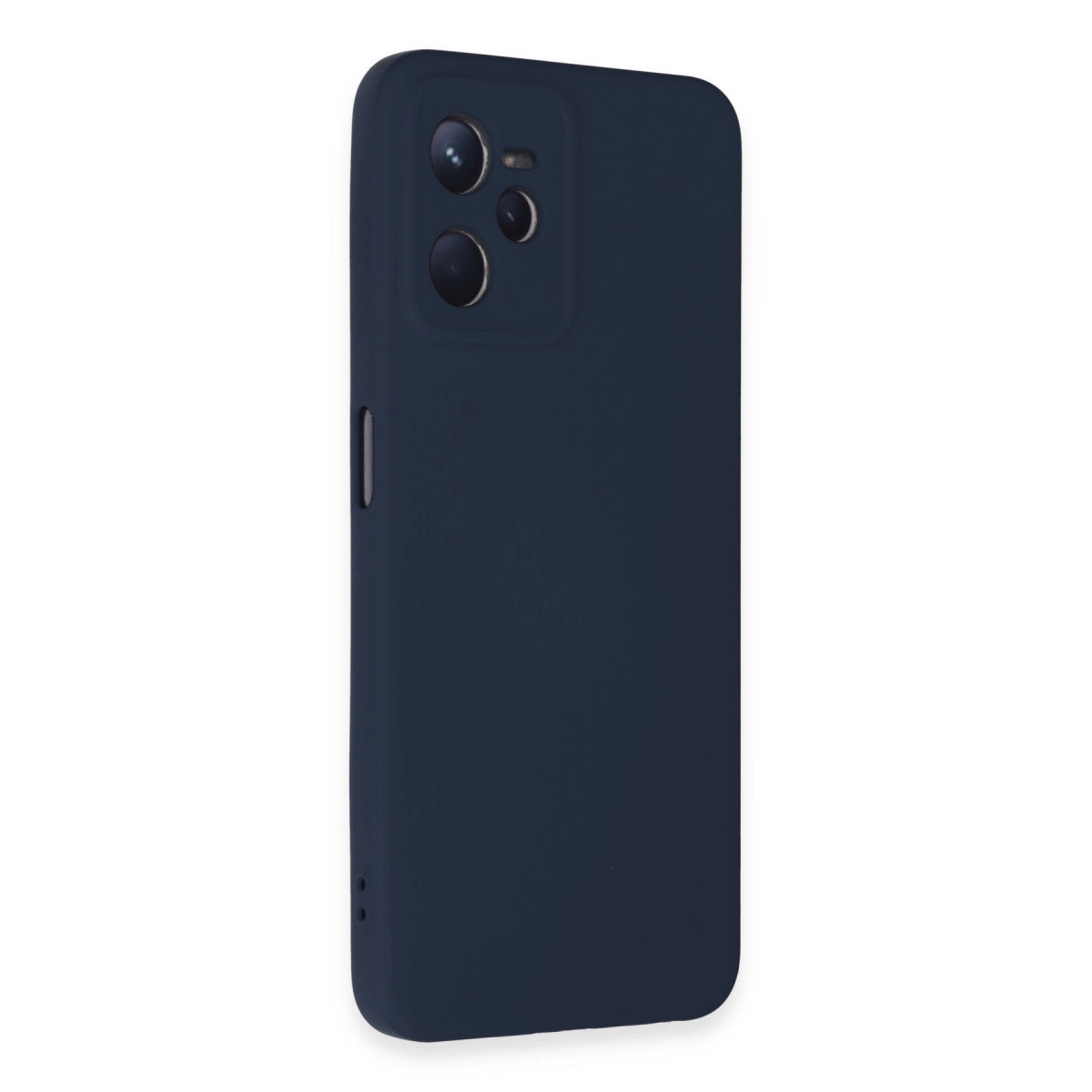 Koyu mavi telefon kılıfı, üçlü kamera kesimi, pürüzsüz yüzey.
