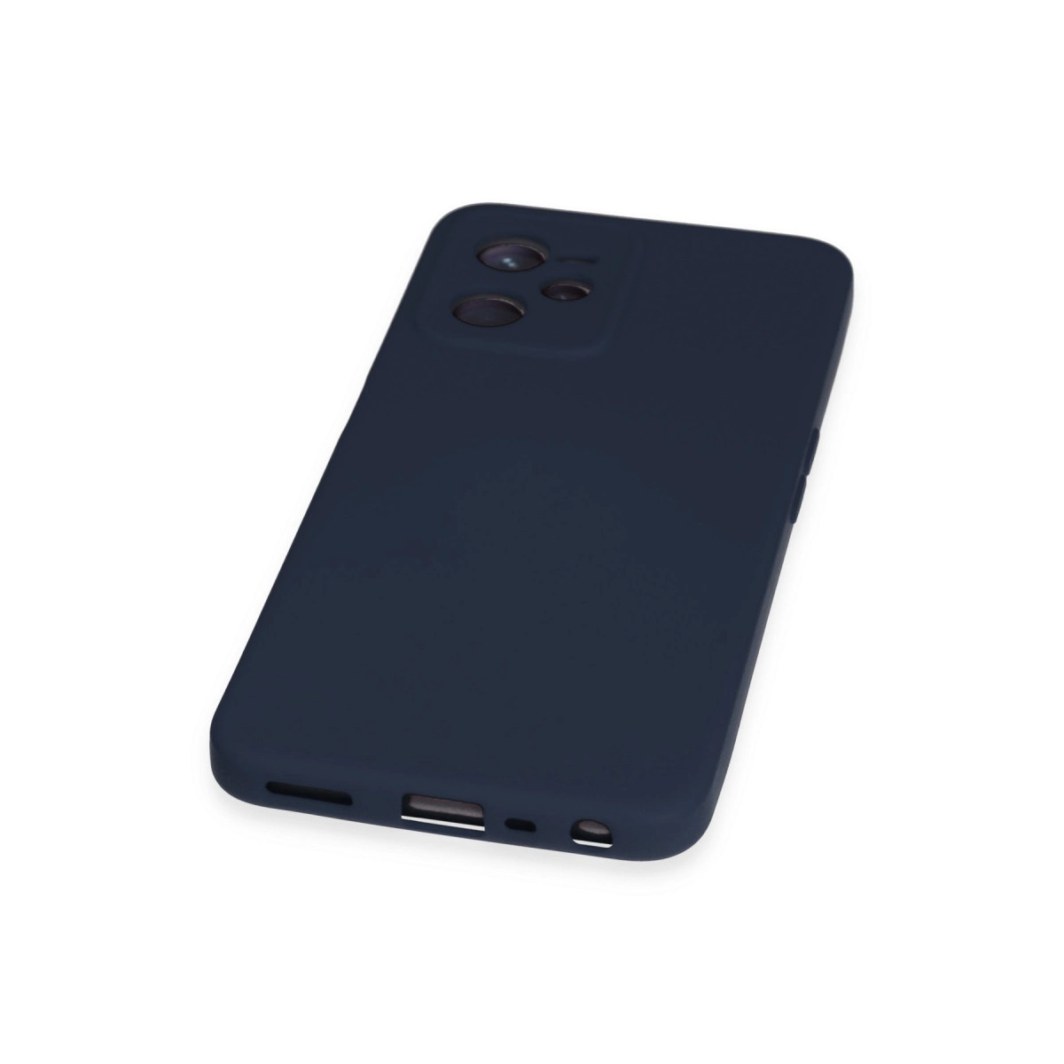 Kamera modülü ve şarj portlu lacivert telefon kılıfı.