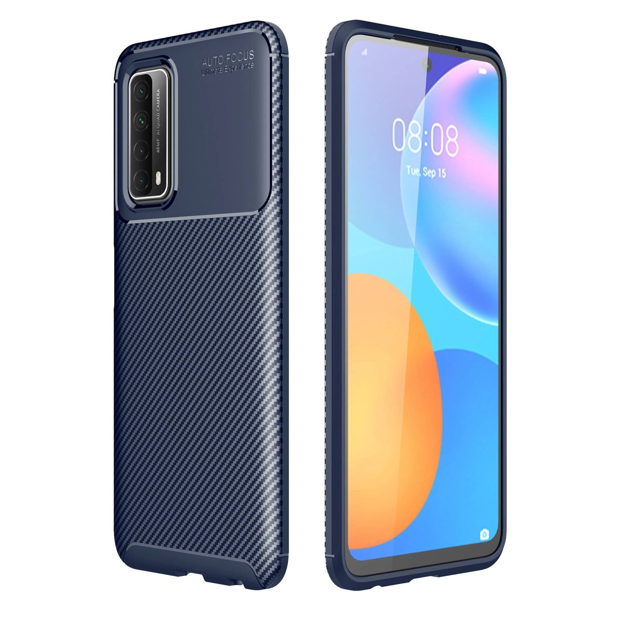 Karbon desenli lacivert telefon kılıfı, 08:08 gösteren bir akıllı telefonun yanında.