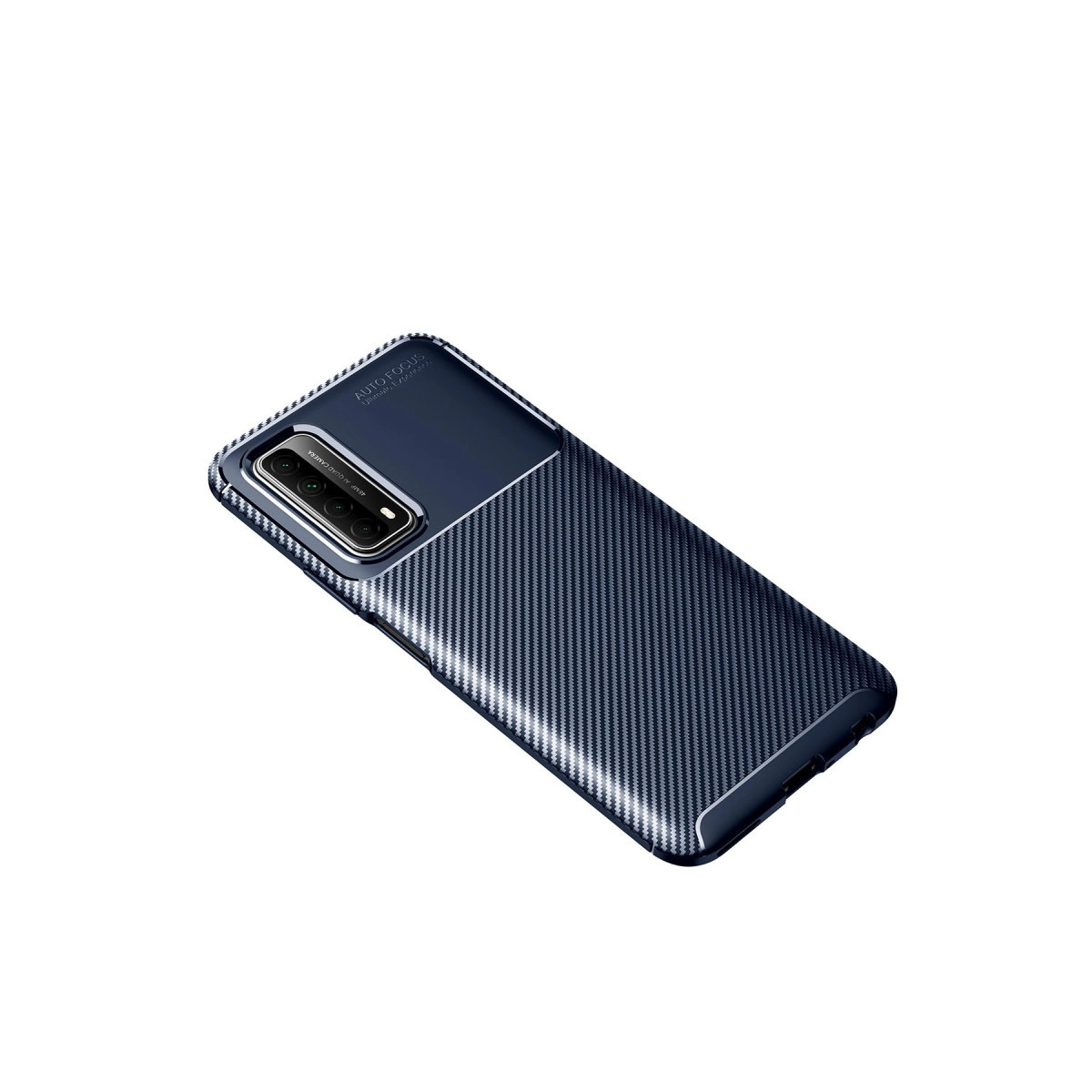 Karbon fiber desenli ve dört arka kameralı lacivert telefon kılıfı.