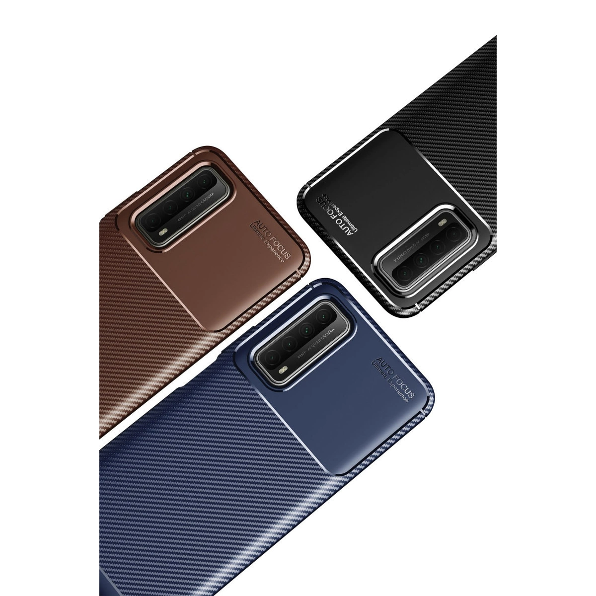 Karbon fiber dokulu üç kahverengi, siyah ve mavi telefon kılıfı.