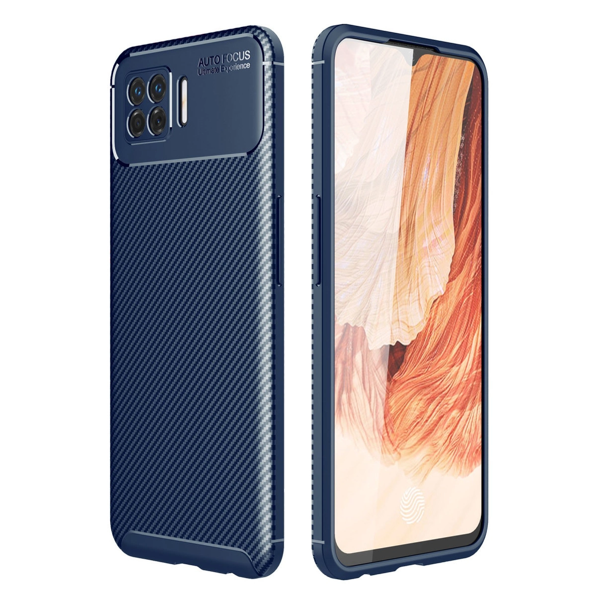 Karbon fiber desenli lacivert telefon kılıfı ve kamera açıklığı.