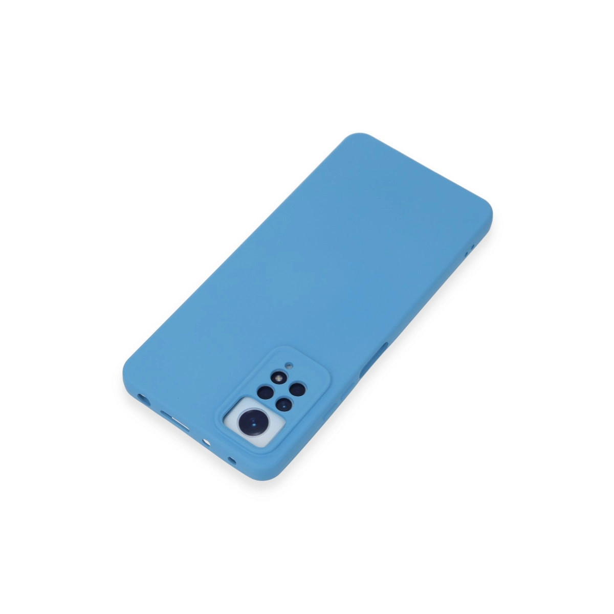 Arkada kamera modülü bulunan açık mavi telefon kılıfı.