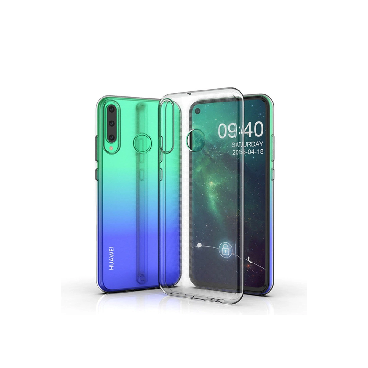 İki telefon kılıfı, biri şeffaf, diğeri yeşilden maviye geçişli.