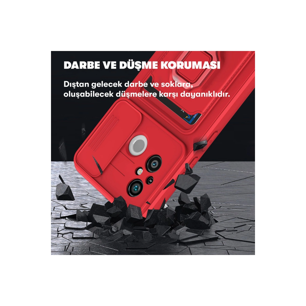 Kamera kapaklı kırmızı telefon kılıfı çatlak zemine düşüyor.