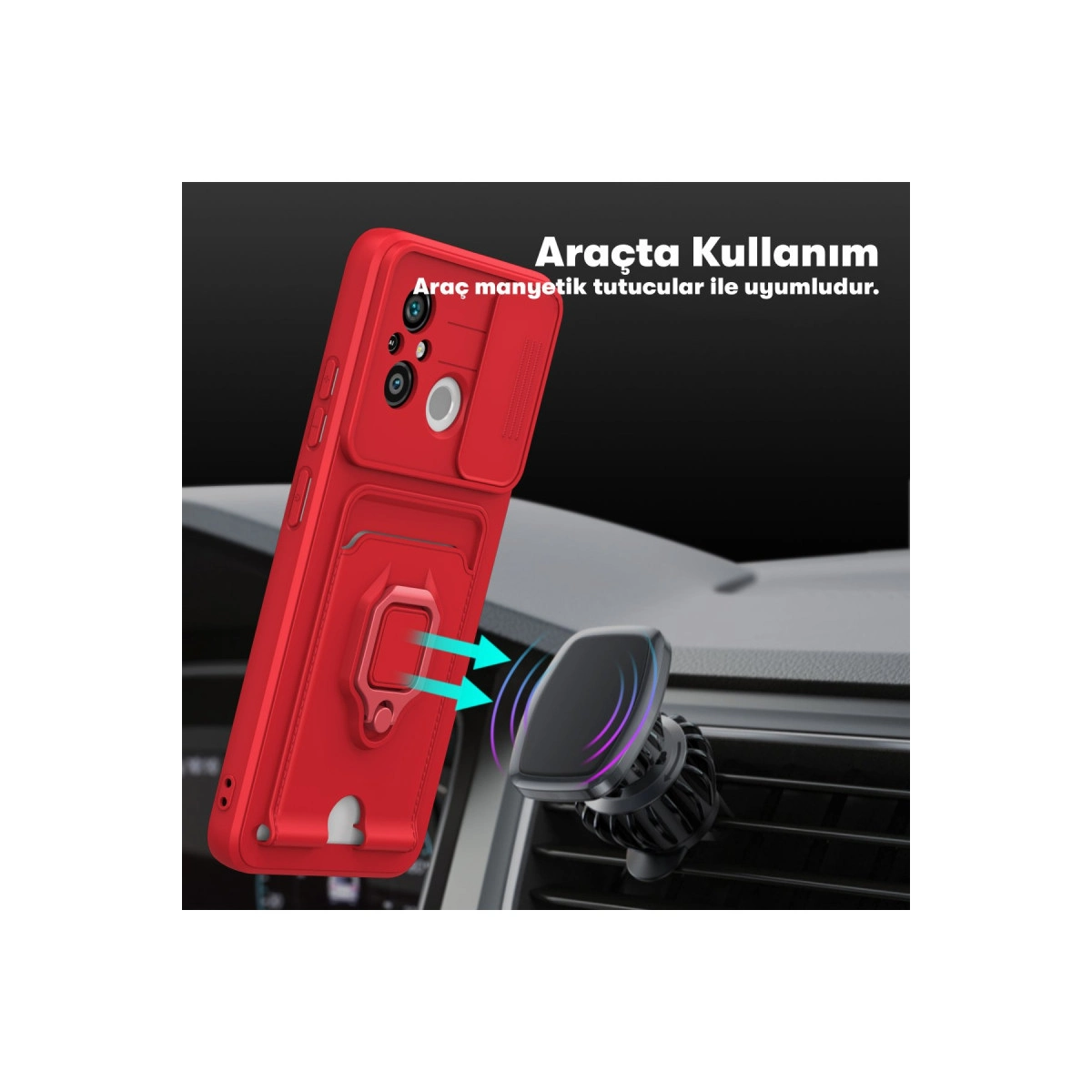 Entegre halka tutuculu kırmızı telefon kılıfı, araç tutucusuna manyetik olarak takılmış.