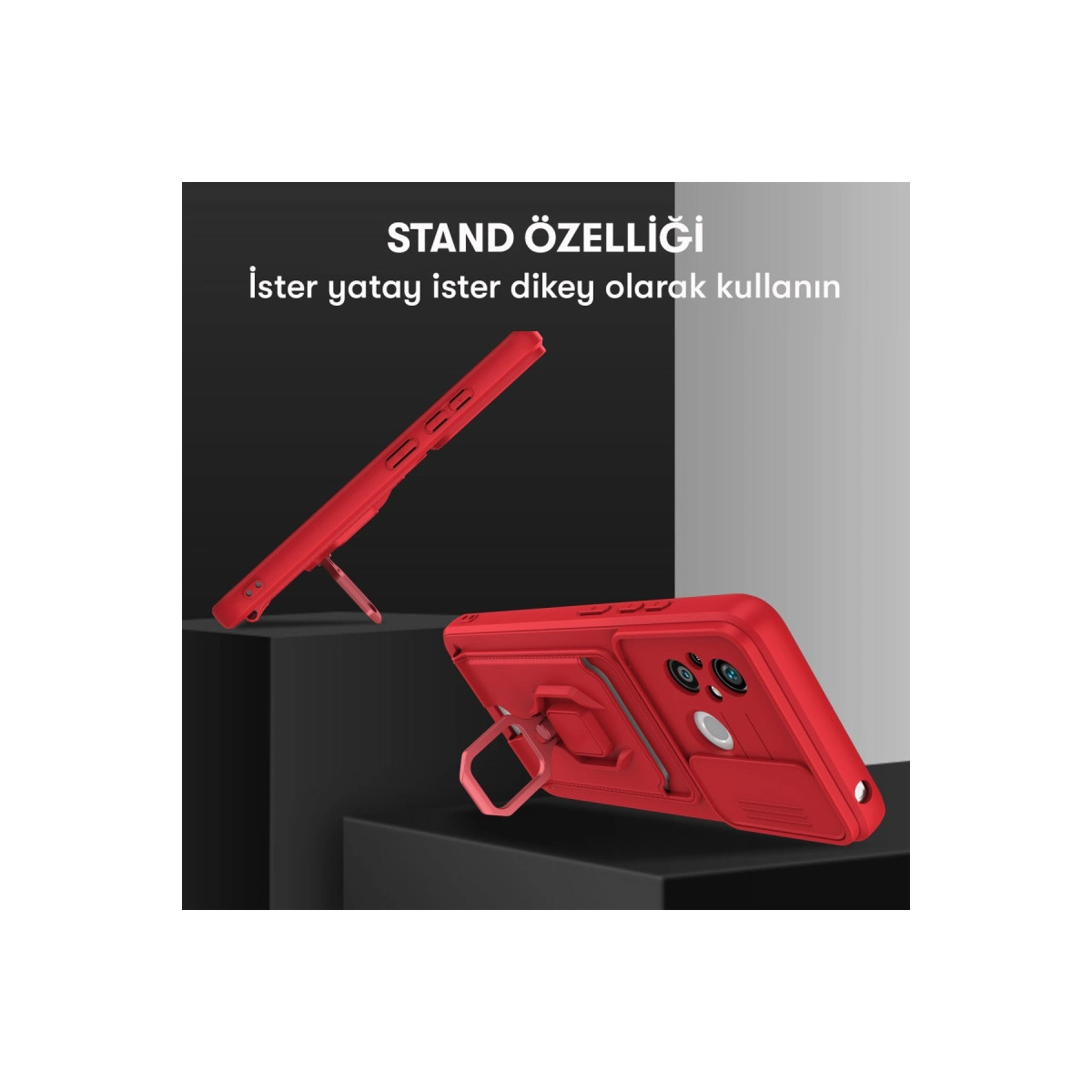 Stand özellikli iki kırmızı telefon kılıfı, biri yatay, biri dikey.