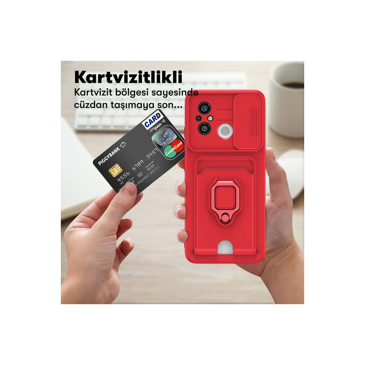 Kırmızı telefon kılıfı kart yuvası ve halka tutucu. Bir kredi kartı tutar.