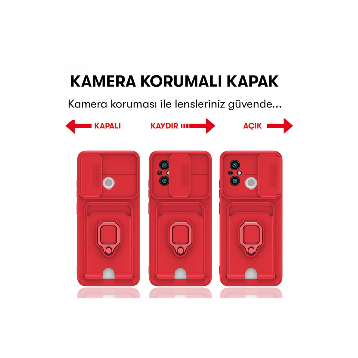 Kamera korumalı ve kartlıklı kırmızı telefon kılıfı.