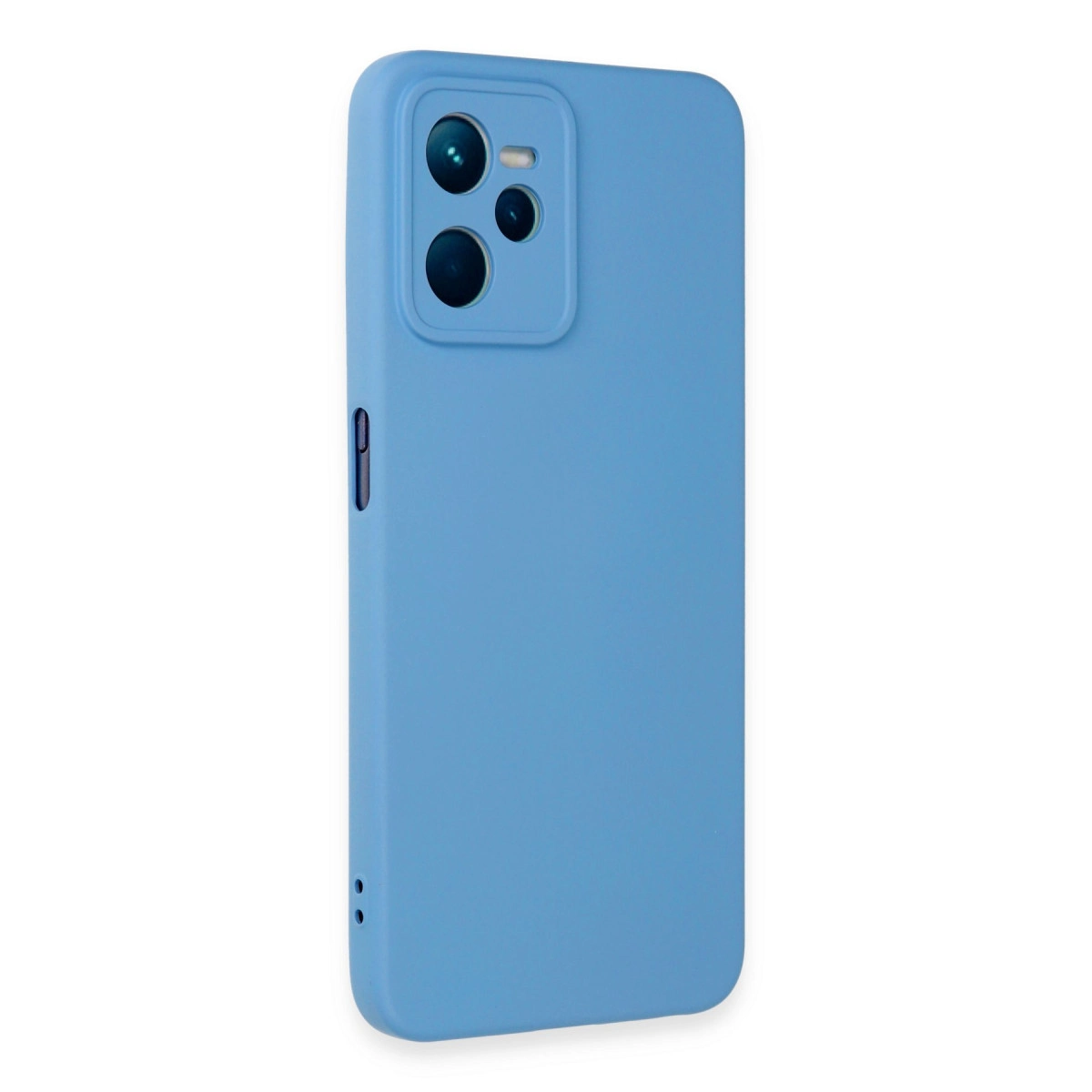 Arkada kamera kesiği bulunan mavi bir telefon kılıfı.