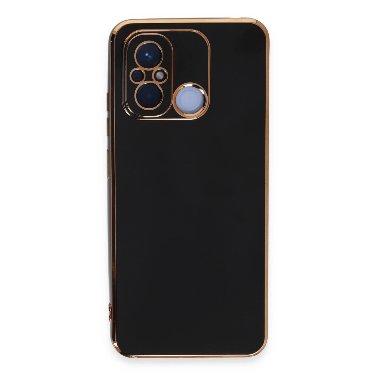 Altın çerçeveli ve kamera modüllü siyah telefon kılıfı.