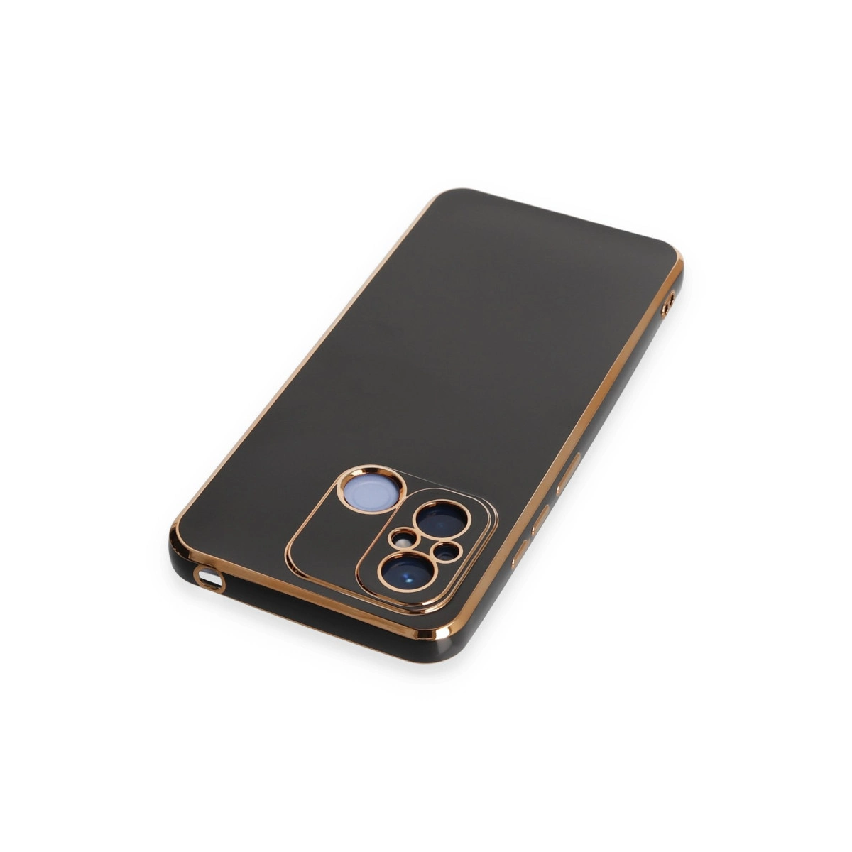 Altın süslemeli ve kamera kesimli siyah telefon kılıfı.