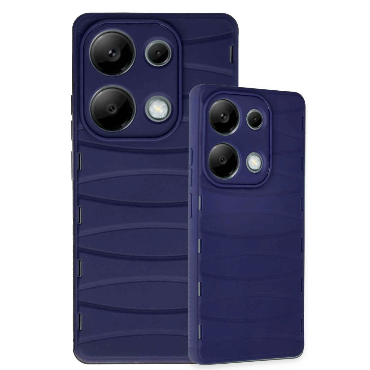 Dalgalı desenli ve kamera modüllü iki lacivert telefon kılıfı.
