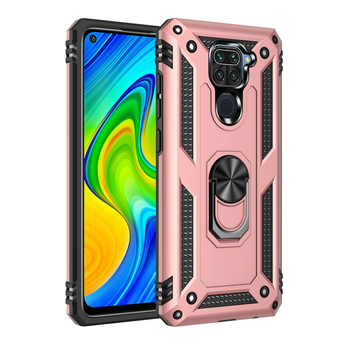 Entegre halka tutuculu pembe akıllı telefon, sağlam kılıf içinde, beyaz arka plan üzerinde.