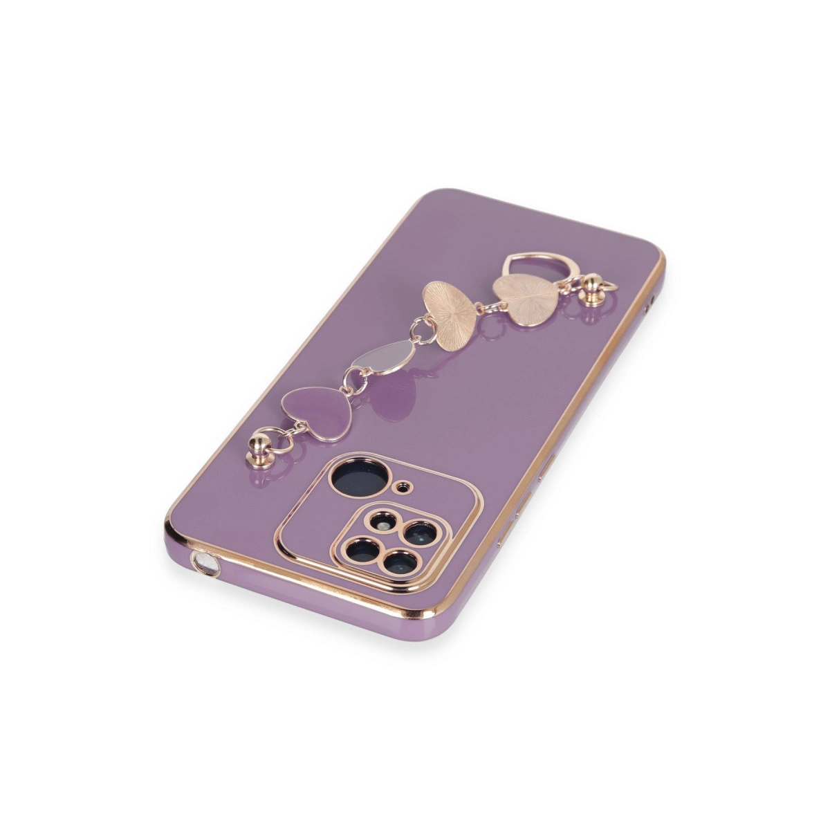 Altın kalp charm zincirli mor telefon kılıfı ve kamera kesiği.